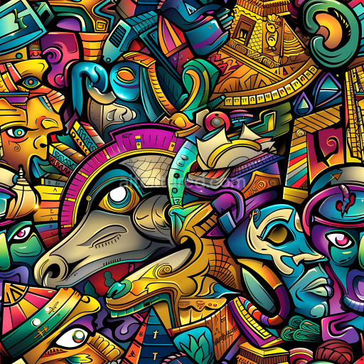 Seamless 3D PBR Graffiti Texture Featuring Vivid Urban Mural with Abstract Faces and Shapes