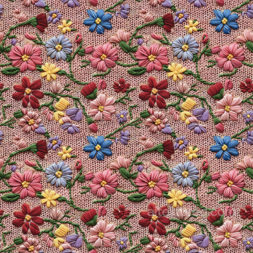 Embroidered Floral Fabric Texture With Colorful Stitched Flowers seamless Embroidered floral PBR texture
