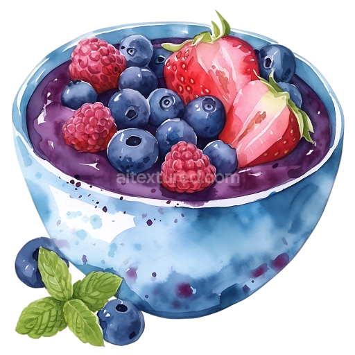 Preview — Breakfast Acai Berry Bowl with Blueberries, Strawberries, and Raspberries Watercolor Illustration
