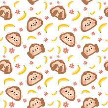 Seamless 3D Pattern PBR Texture with Cute Monkey Faces, Bananas & Flowers texture preview