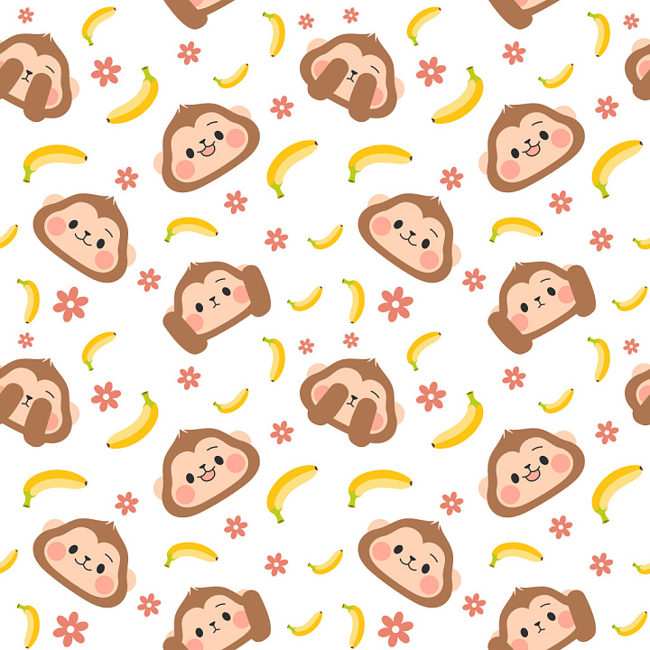 Pattern with Cute Monkey Faces, Bananas & Flowers seamless PBR texture preview
