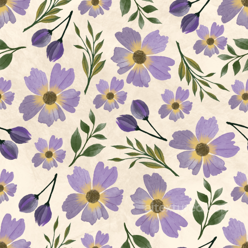 Flower Texture of Lilac Watercolor Flowers and Green Foliage seamless Flower  PBR texture