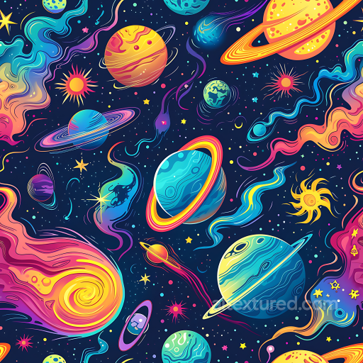 Space PBR Texture Featuring Cartoon-Style Planets and Colorful Cosmic Trails seamless Star, space, planets PBR texture
