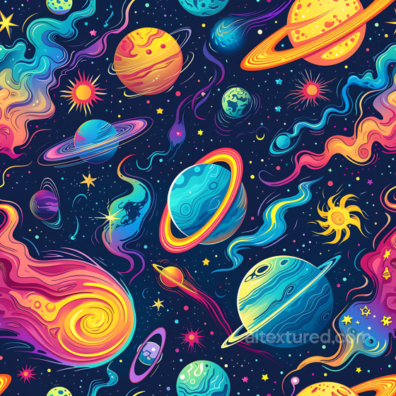 Space PBR Texture Featuring Cartoon-Style Planets and Colorful Cosmic Trails Star, space, planets texture preview