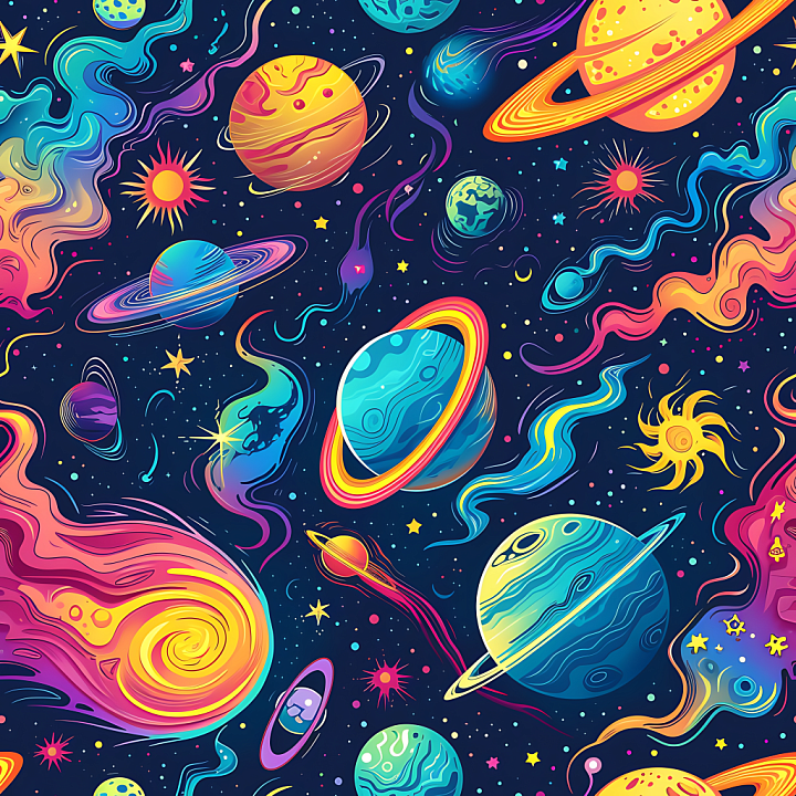 Space Featuring Cartoon-Style Planets and Colorful Cosmic Trails seamless PBR texture preview