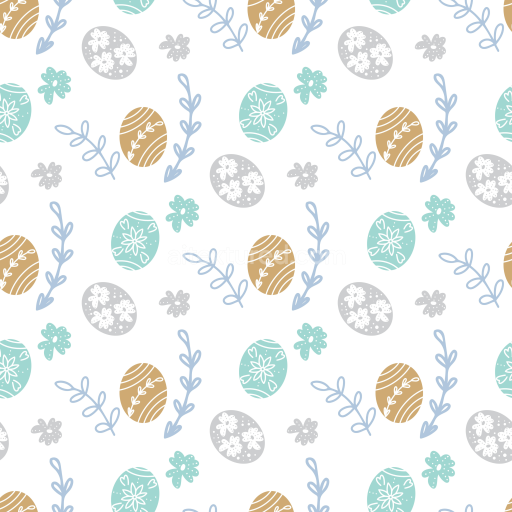 Seamless 3D PBR Texture of Pastel Easter Eggs and Floral Motifs on White