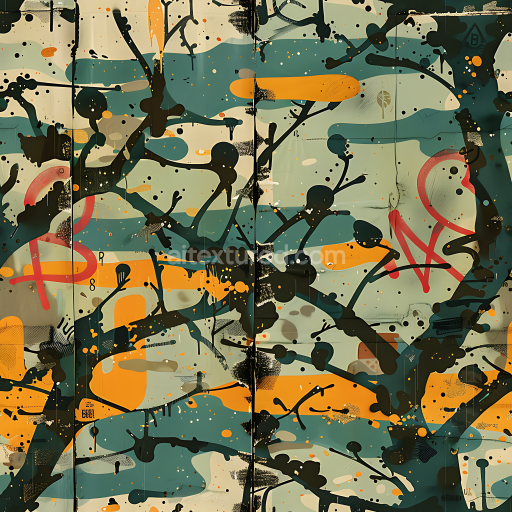 Seamless 3D Urban Graffiti-Style Camouflage PBR Texture with Abstract Paint Splatters