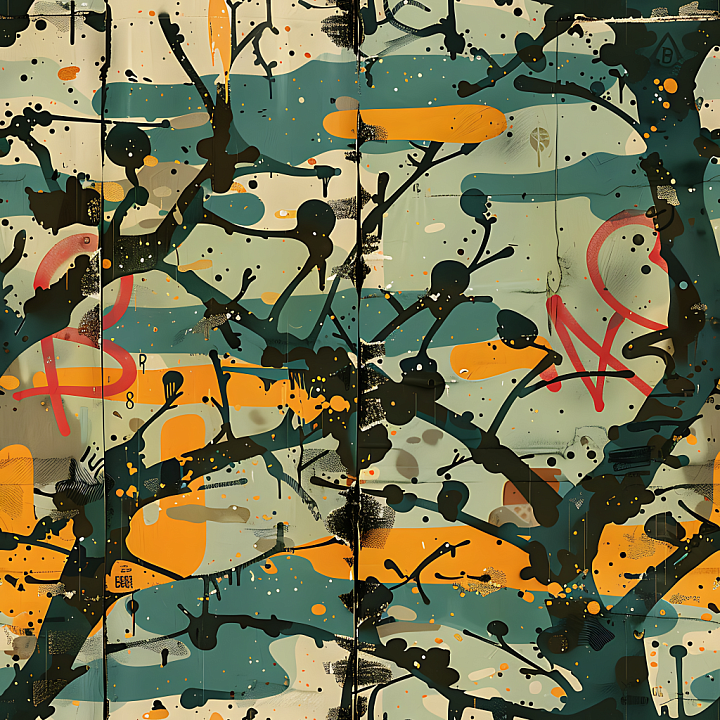 Urban Graffiti-Style Camouflage with Abstract Paint Splatters seamless PBR texture preview