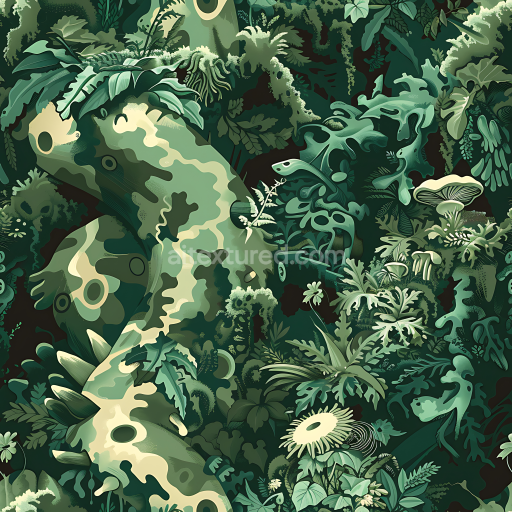 Seamless 3D Jungle Camouflage PBR Texture Featuring Detailed Leaf and Plant Motifs