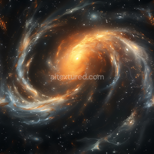 Seamless 3D Space PBR Texture of Glowing Spiral Galaxy Clouds with Orange and Blue Swirls