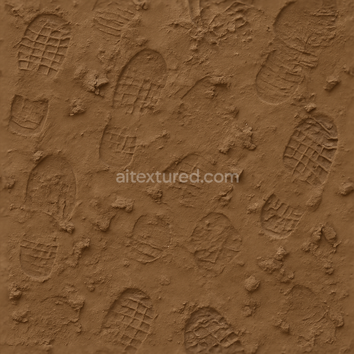 Seamless 3d texture pbr 8k of muddy footprints on soft brown mud with mud clumps