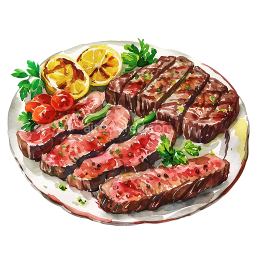 Watercolor Steak Breakfast Platter with Lemon, Cherry Tomatoes, and Greens