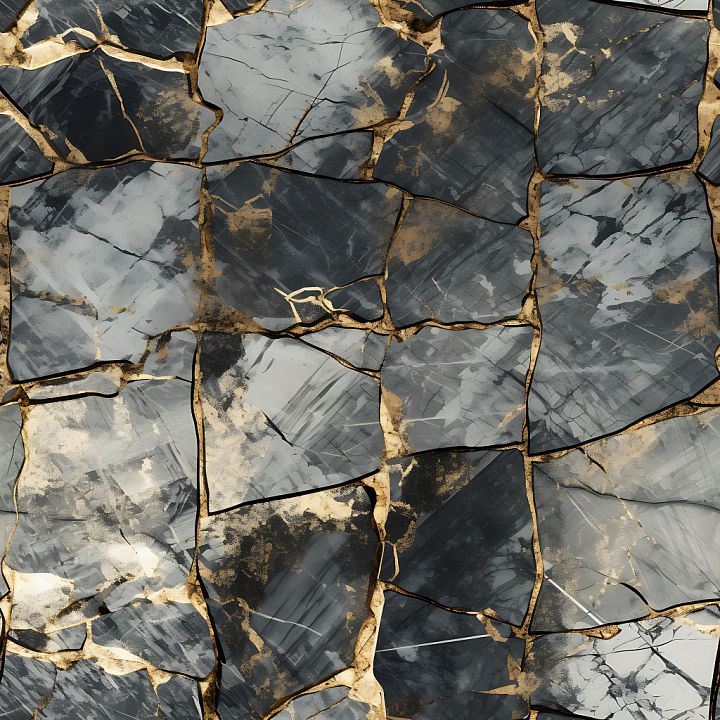 Gold and Gray Polished Marble Tiles with Bold Veins seamless PBR texture preview