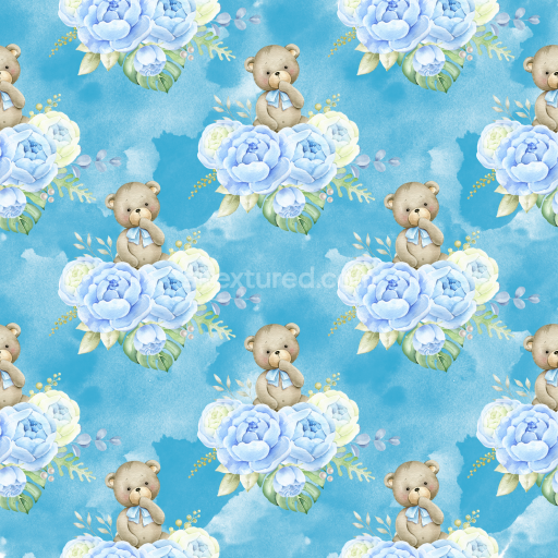 Seamless 3D PBR Texture with Baby Blue Flowers and Teddy Bear Motif