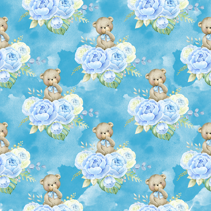 with Baby Blue Flowers and Teddy Bear Motif seamless PBR texture preview