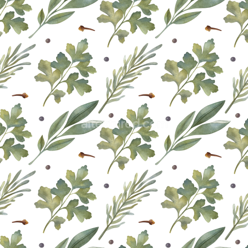 Seamless 3D PBR Texture Featuring Soft Watercolor Herb Leaves and Spices