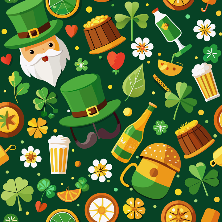digital paper with St Patrick's Day icons and green clover pattern seamless PBR texture preview