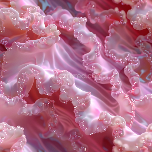 Seamless 3D PBR Texture Featuring Soft Pink Glossy Ruffles with White Droplet Highlights
