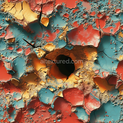 Seamless 3D PBR Texture of Multicolored Cracked and Chipped Painted Surface with Deep Holes