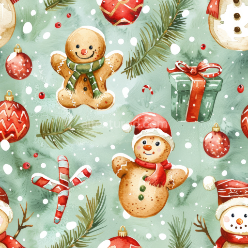 Seamless 3D PBR Watercolor Christmas Texture with Gingerbread and Holiday Motifs