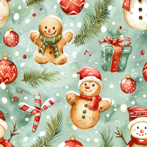 Watercolor Christmas Texture with Gingerbread and Holiday Motifs seamless Watercolor Christmas PBR texture