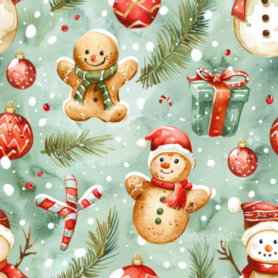 Watercolor Christmas Texture with Gingerbread and Holiday Motifs Watercolor Christmas texture preview