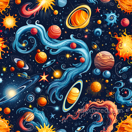 Space PBR Texture Featuring Colorful Cartoon Planets & Cosmic Swirls seamless Star, space, planets PBR texture