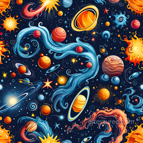 Space PBR Texture Featuring Colorful Cartoon Planets & Cosmic Swirls Star, space, planets texture preview