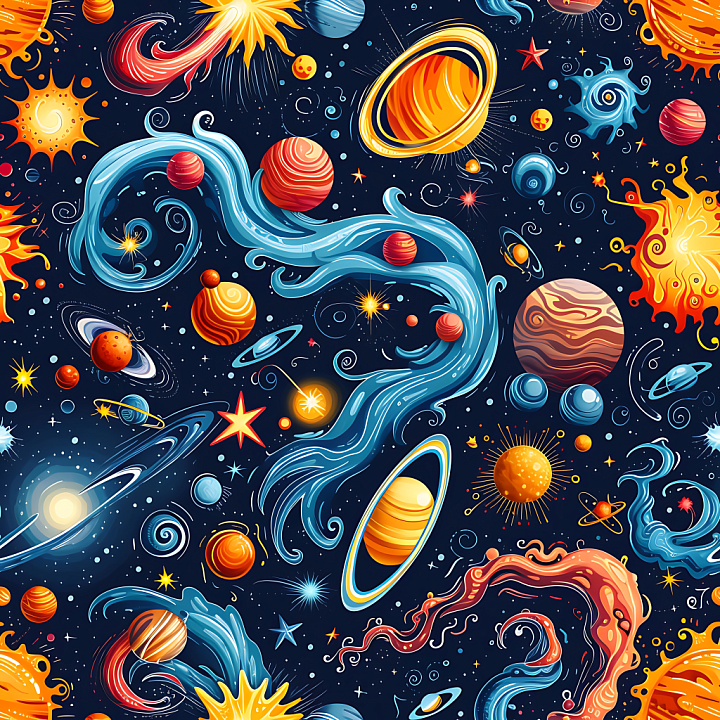 Space Featuring Colorful Cartoon Planets & Cosmic Swirls seamless PBR texture preview