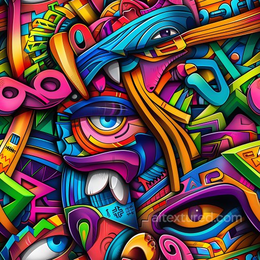 Seamless 3D PBR Graffiti Texture Featuring Vibrant Abstract Shapes and Faces texture preview