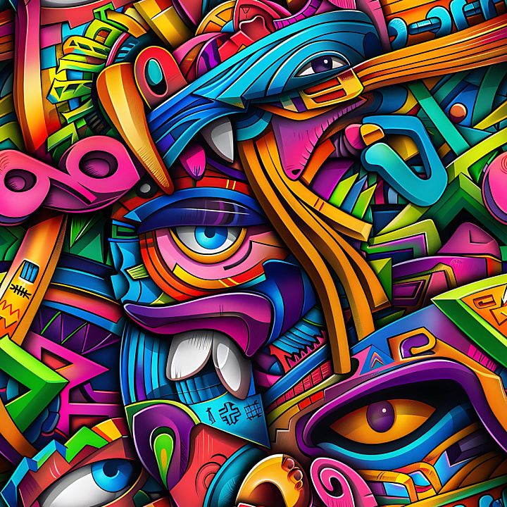 Graffiti Featuring Vibrant Abstract Shapes and Faces seamless PBR texture preview