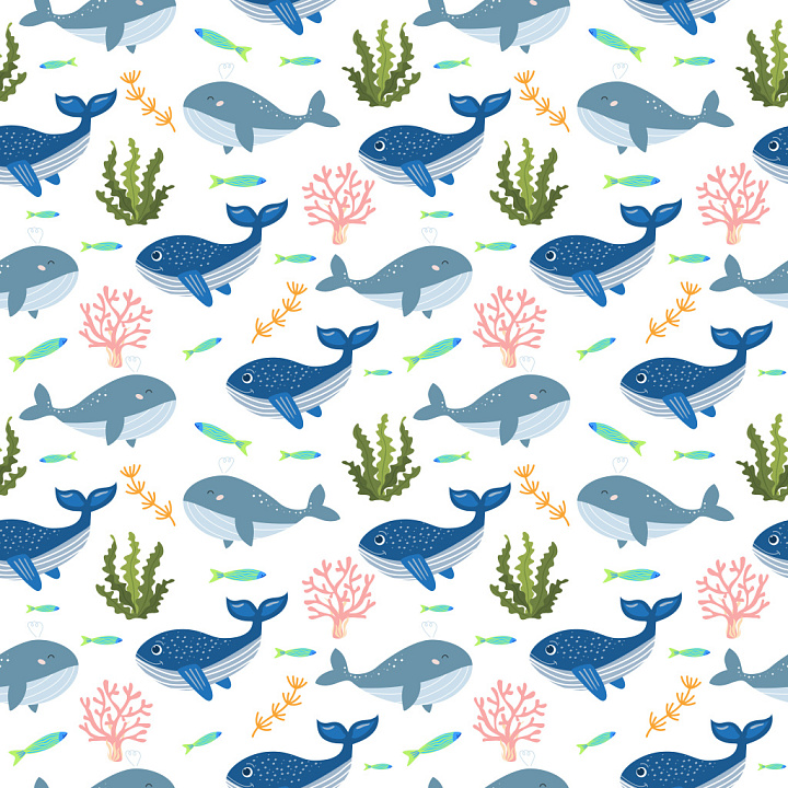 Pattern with Playful Whale and Seaweed Motifs seamless PBR texture preview