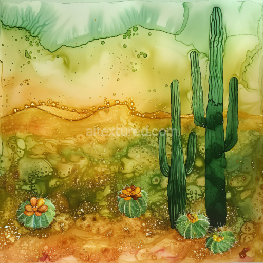 Seamless 3D Alcohol Ink PBR Texture Featuring Desert Green Cactus Landscape