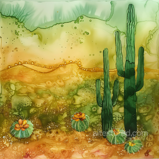 Alcohol Ink PBR Texture Featuring Desert Green Cactus Landscape seamless Alcohol ink PBR texture