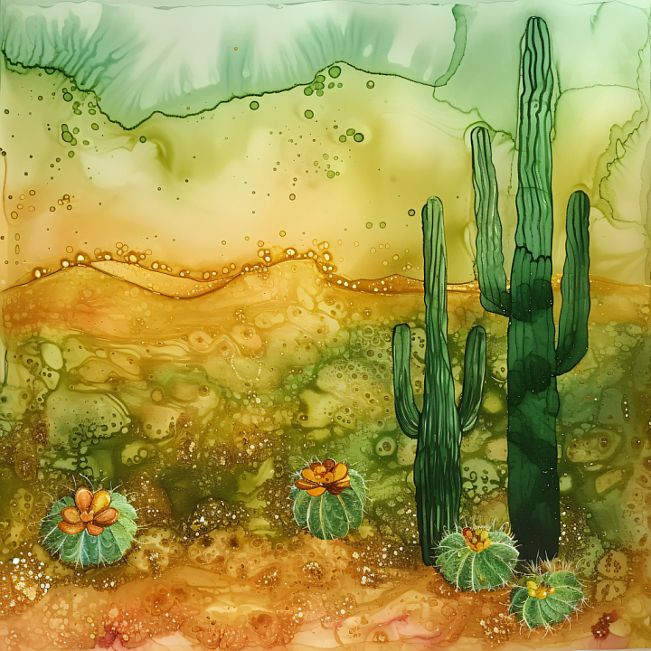 Alcohol Ink Featuring Desert Green Cactus Landscape seamless PBR texture preview