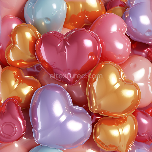 Seamless 3D inflated PBR texture featuring colorful glossy heart-shaped balloons