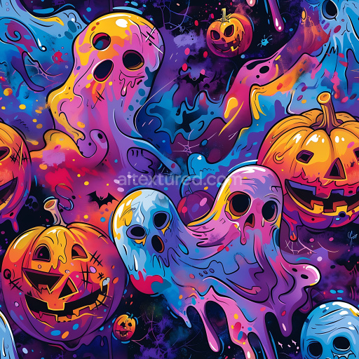 Seamless 3D PBR graffiti texture with vibrant Halloween ghosts and pumpkins