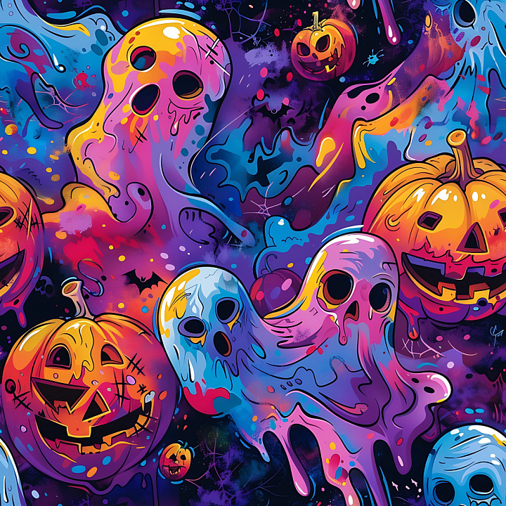 Graffiti With Vibrant Halloween Ghosts And Pumpkins seamless PBR texture preview