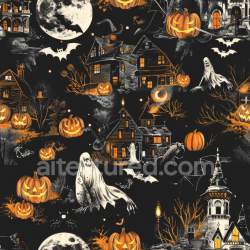 seamless Seamless 3D PBR Vintage Halloween Fabric Texture with Jack-o'-Lanterns and Haunted Houses texture 8k free download PBR