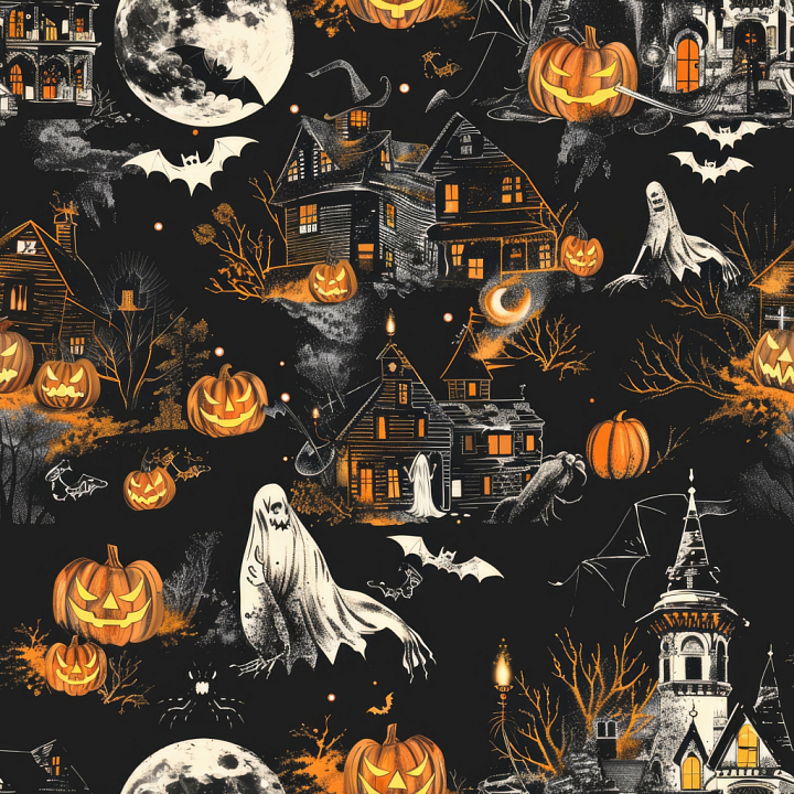 Vintage Halloween Fabric with Jack-o'-Lanterns and Haunted Houses seamless PBR texture preview