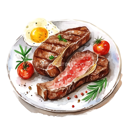 Watercolor Steak and Fried Egg Breakfast Illustration with Cherry Tomatoes and Herbs