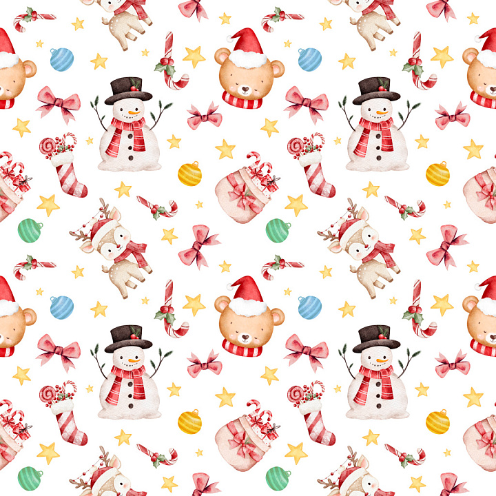 Pattern Featuring Watercolor Christmas Motifs in Soft Pastel Palette seamless PBR texture preview