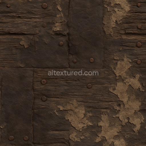 Seamless 3d texture pbr 8k rotting wood with rusty nails and old leather accents