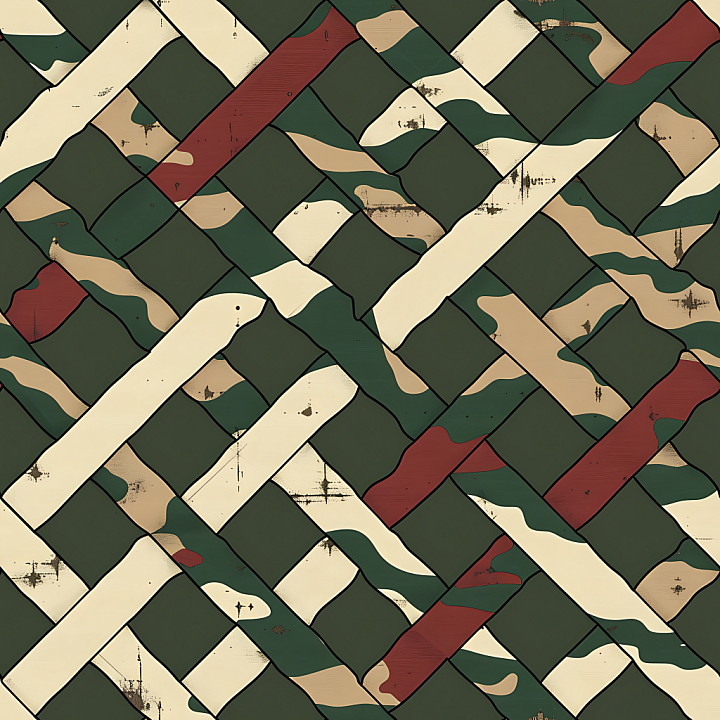 Stylized Woodland Camouflage Fabric With Interwoven Pattern seamless PBR texture preview