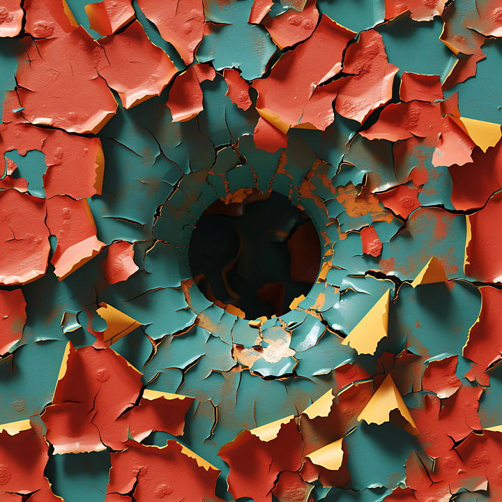 Cracked & Holes Featuring Multilayer Peeling Paint in Vibrant Colors seamless PBR texture preview