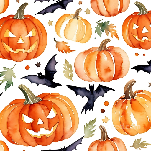 Watercolor Halloween Texture Featuring Pumpkins and Bats seamless Watercolor Halloween PBR texture