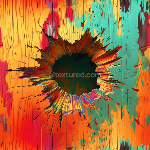 Seamless 3D PBR Cracked Wood Texture with Large Colorful Hole and Paint Splashes