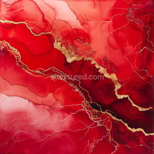 Seamless 3D Alcohol Ink PBR Texture Featuring Bold Red Swirls and Golden Veins