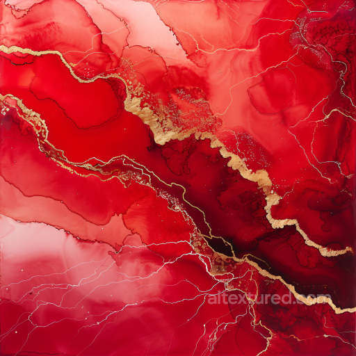 Alcohol Ink PBR Texture Featuring Bold Red Swirls and Golden Veins seamless Alcohol ink PBR texture