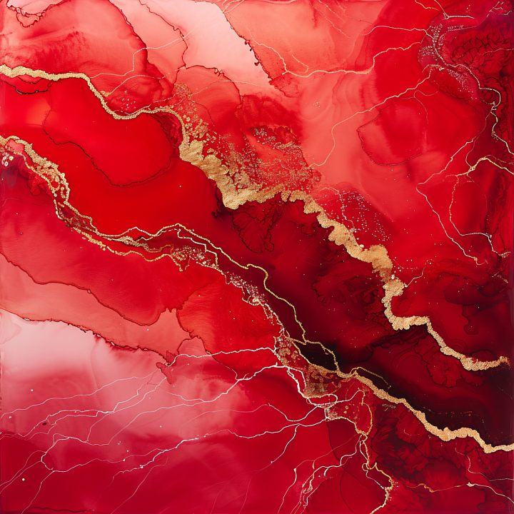 Alcohol Ink Featuring Bold Red Swirls and Golden Veins seamless PBR texture preview